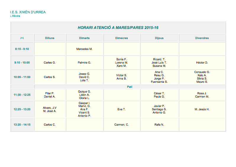Horari d'atenció a pares i mares
